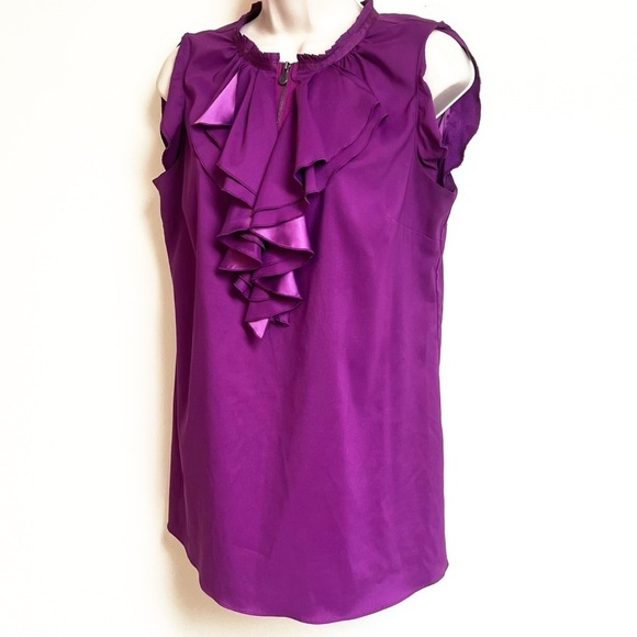 Nicole Miller Ruffle Neckline Tank Top Sleeveless Blouse Solid Purple Pullover M - Picture 2 of 8